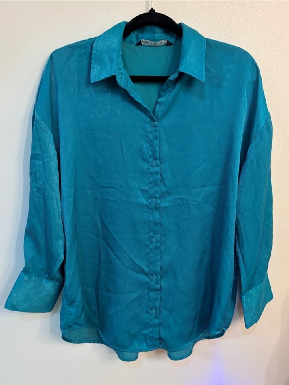 Zara Teal Button-Down Silk-Look Blouse
